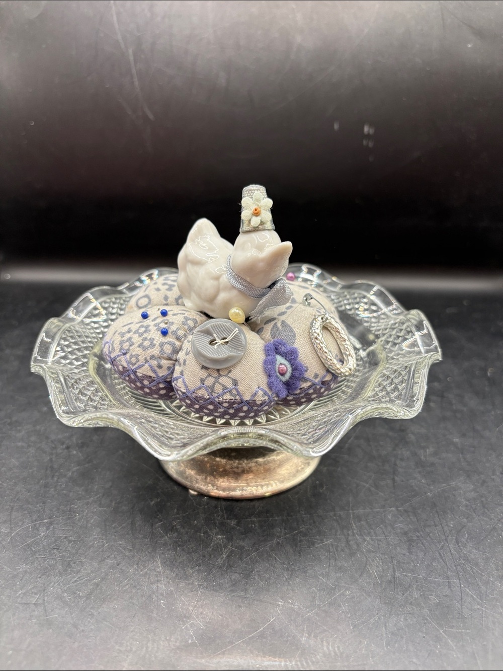 Handcrafted Ceramic Duck Pin Cushion in Lavender and Cream on Glass Dish